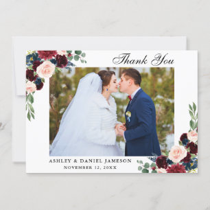 Burgundy Blue Floral Wedding Photo Bedankkaart