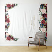 Burgundy Blue Floral Wedding Photo Booth Backdrop Wandkleed (In Situ (horizontaal))