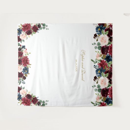 Burgundy Blue Floral Wedding Photo Booth Backdrop Wandkleed (Voorkant (horizontaal))