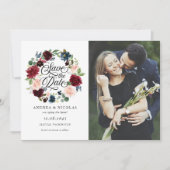 Burgundy & Blue Floral Wreatfoto Save the Date (Voorkant)