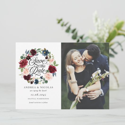 Burgundy & Blue Floral Wreatfoto Save the Date (Staand voorkant)