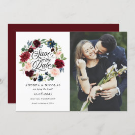 Burgundy & Blue Floral Wreatfoto Save the Date