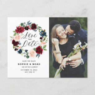 Burgundy & Blue Floral Wreatfoto Save the Date Aankondigingskaart
