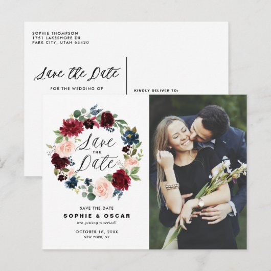 Burgundy & Blue Floral Wreatfoto Save the Date Aankondigingskaart (Voorkant / Achterkant)