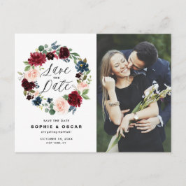 Burgundy & Blue Floral Wreatfoto Save the Date Aankondigingskaart