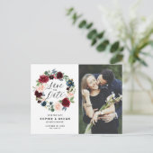 Burgundy & Blue Floral Wreatfoto Save the Date Aankondigingskaart (Staand voorkant)