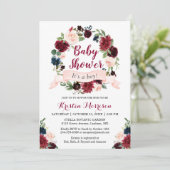 Burgundy Blue Floral Wreath Ribbon Baby shower Kaart (Staand voorkant)