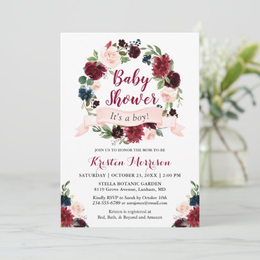 Burgundy Blue Floral Wreath Ribbon Baby shower Kaart (Staand voorkant)