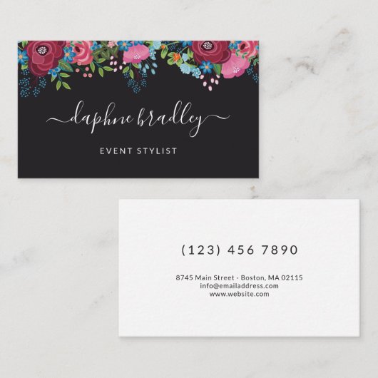 Burgundy Blue Flowers White Calligraphy Script Visitekaartje (Voorkant / Achterkant)