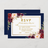 Burgundy Blue Gold Floral Wedding RSVP (Voorkant / Achterkant)