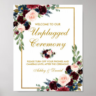 Burgundy Blue Gold Floral Wedding Unplugding Poster