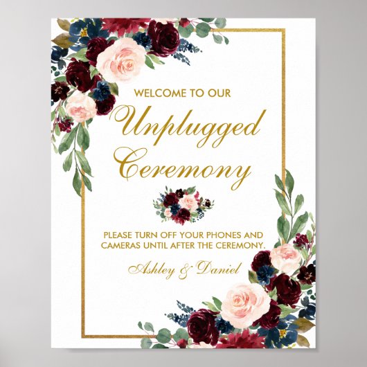 Burgundy Blue Gold Floral Wedding Unplugding Poster (Voorkant)