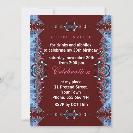 Burgundy Blue Lace Adult Birthday Invitations Kaart (Achterkant)