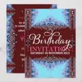 Burgundy Blue Lace Adult Birthday Invitations Kaart (Voorkant / Achterkant)