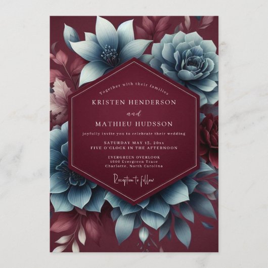 Burgundy & Blue Moody Bloom Wedding Kaart (Voorkant)