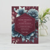 Burgundy & Blue Moody Bloom Wedding Kaart (Staand voorkant)
