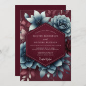 Burgundy & Blue Moody Bloom Wedding Kaart (Voorkant / Achterkant)