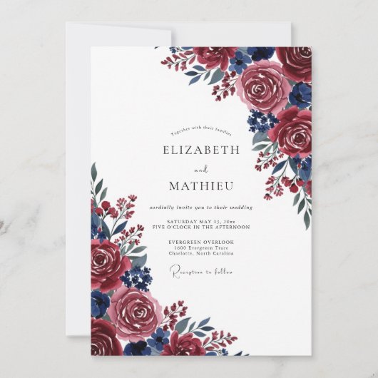 Burgundy Blue Painterly Bloom Wedding Kaart (Voorkant)