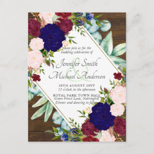 Burgundy Blue Pink Floral Save Date Wedding Invite Briefkaart