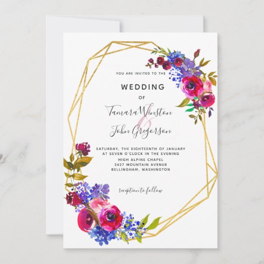 Burgundy Blue Roos Gold Geometric Wedding Kaart (Voorkant)