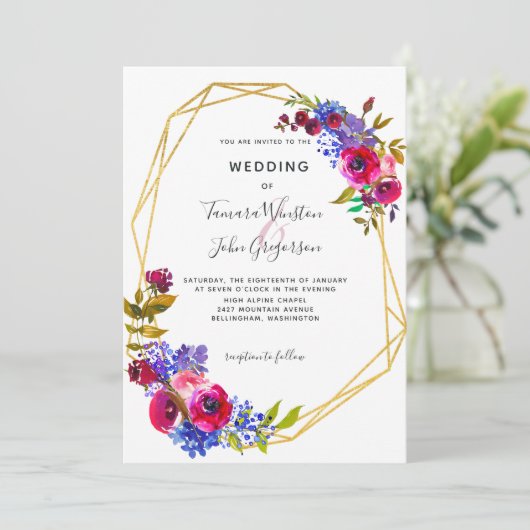 Burgundy Blue Roos Gold Geometric Wedding Kaart (Staand voorkant)