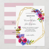 Burgundy Blue Roos Gold Geometric Wedding Kaart (Voorkant / Achterkant)