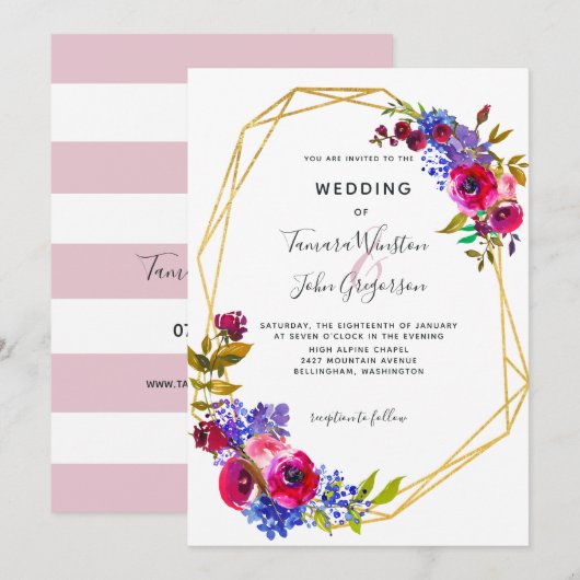 Burgundy Blue Roos Gold Geometric Wedding Kaart (Voorkant / Achterkant)