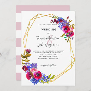 Burgundy Blue Roos Gold Geometric Wedding Kaart