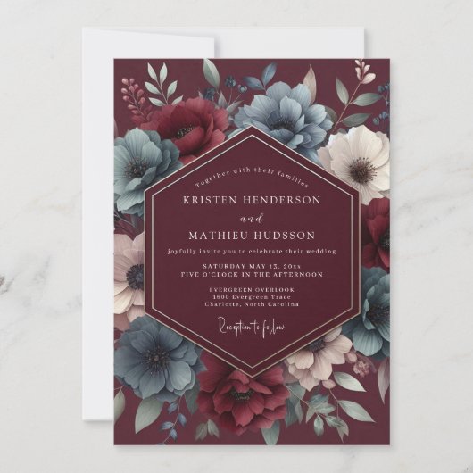 Burgundy & Blue Shadowy Bloom Wedding Kaart (Voorkant)