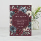 Burgundy & Blue Shadowy Bloom Wedding Kaart (Staand voorkant)