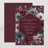 Burgundy & Blue Shadowy Bloom Wedding Kaart (Voorkant / Achterkant)
