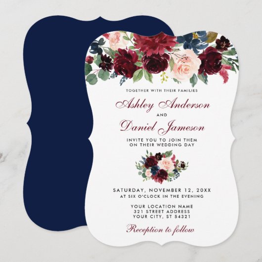 Burgundy Blue Waterverf Floral Elegant Wedding B Kaart (Voorkant / Achterkant)