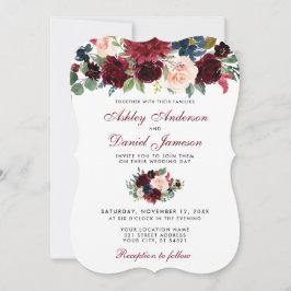 Burgundy Blue Waterverf Floral Elegant Wedding W Kaart
