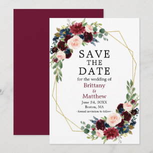 Burgundy Blue Waterverf Floral Geo Lijst Save The Date