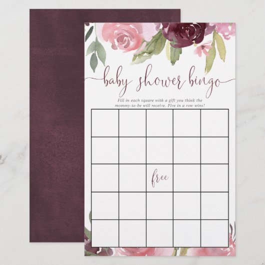 Burgundy blush baby shower bingo's (Voorkant / Achterkant)