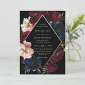 Burgundy Blush Black Navy Floral Silver Wedding Kaart (Staand voorkant)