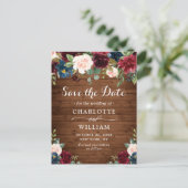 Burgundy Blush Blauwe Rustieke Trouw Save the Date Briefkaart (Staand voorkant)
