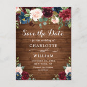 Burgundy Blush Blauwe Rustieke Trouw Save the Date Briefkaart (Voorkant)