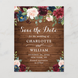 Burgundy Blush Blauwe Rustieke Trouw Save the Date Briefkaart