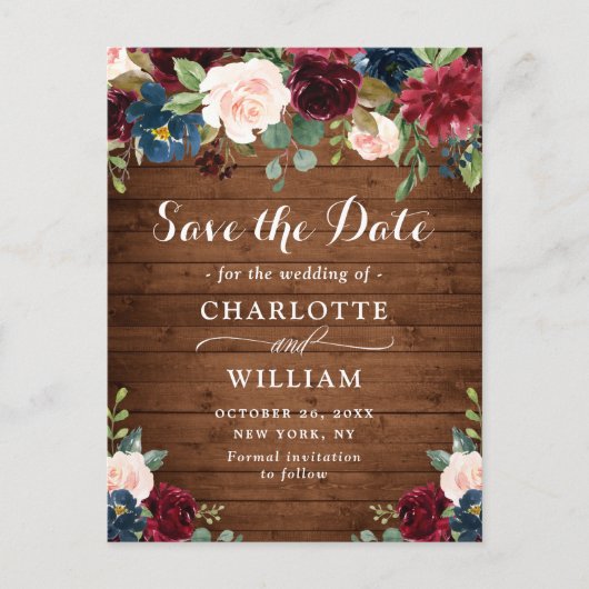 Burgundy Blush Blauwe Rustieke Trouw Save the Date Briefkaart (Voorkant)