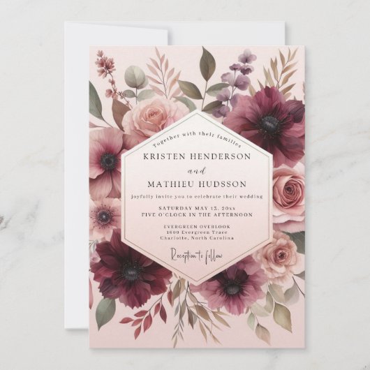 Burgundy Blush Bloeiende Bruiloft Kaart (Voorkant)