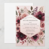 Burgundy Blush Bloeiende Bruiloft Kaart (Voorkant / Achterkant)