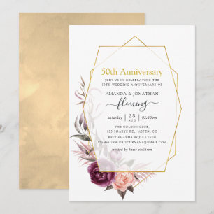 Burgundy & Blush Bloem Geometrische 50ste verjaard Kaart