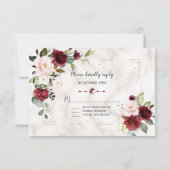 Burgundy Blush Bloem Goud Glitter Marmer Bruiloft RSVP Kaartje (Achterkant)