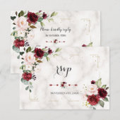 Burgundy Blush Bloem Goud Glitter Marmer Bruiloft RSVP Kaartje (Voorkant / Achterkant)