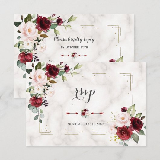 Burgundy Blush Bloem Goud Glitter Marmer Bruiloft RSVP Kaartje (Voorkant / Achterkant)