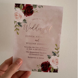 Burgundy & Blush Bloem Roos Folie Bruiloft Uitnodiging