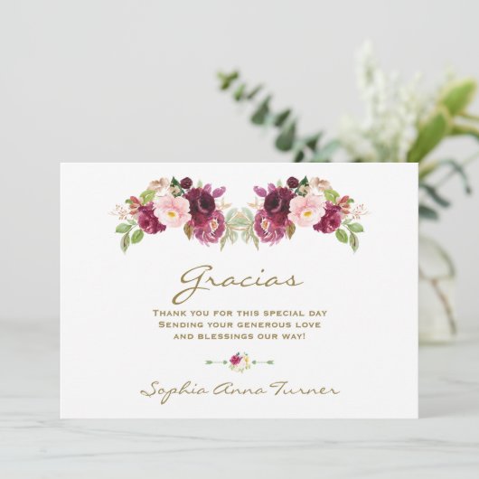 Burgundy Blush Bloem Spaanse Gracias Baby Shower Bedankkaart (Staand voorkant)
