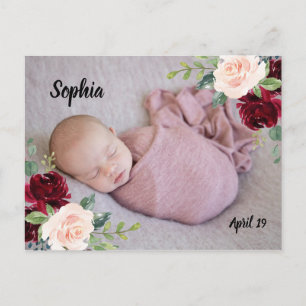 Burgundy Blush bloemen Baby Girl Foto Newborn Briefkaart