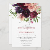 Burgundy & Blush Bloemen Bruiloft 2 Kaart (Voorkant / Achterkant)